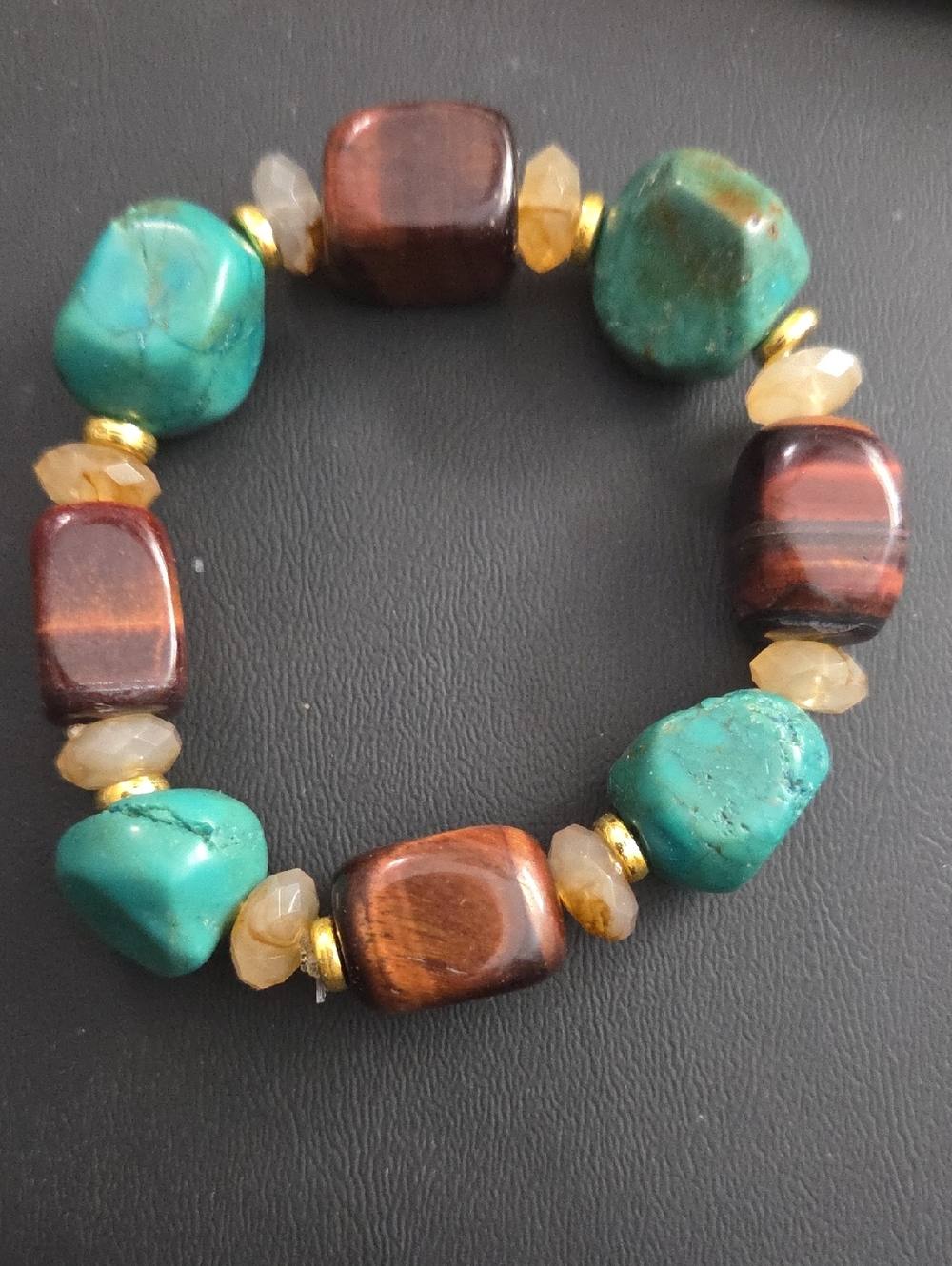 Turquoise & Brown Stone Stretch Bracelet with Gold Accents